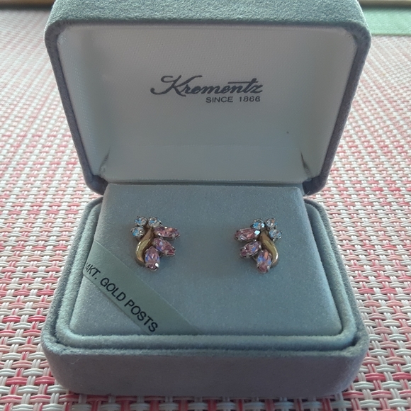 Krementz 18" Gold Necklace and Earrings w/Pink Crystal and Cubic Zirconia - Picture 4 of 5